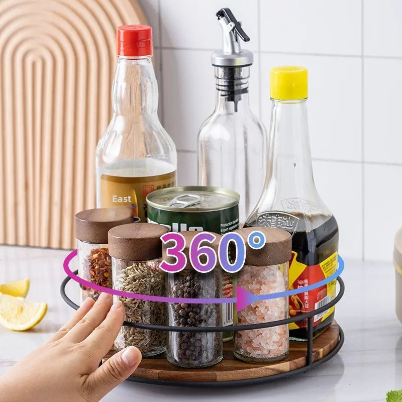 Wooden Rotating Lazy Susan Tray - Steel Base Organizer for Spice Jars, Cosmetics and Desktop Storage with Smooth Spin