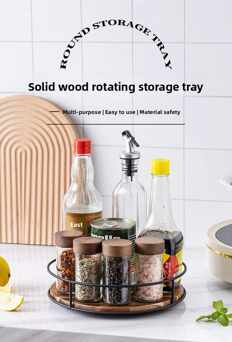 Wooden Rotating Lazy Susan Tray - Steel Base Organizer for Spice Jars, Cosmetics and Desktop Storage with Smooth Spin