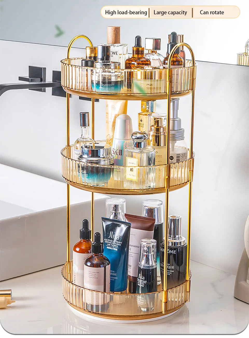 Rotating Makeup Organizer for Vanity 3 Tier Skincare Organizers Large Storage Bathroom Countertop Clear Cosmetic Holder Dresser