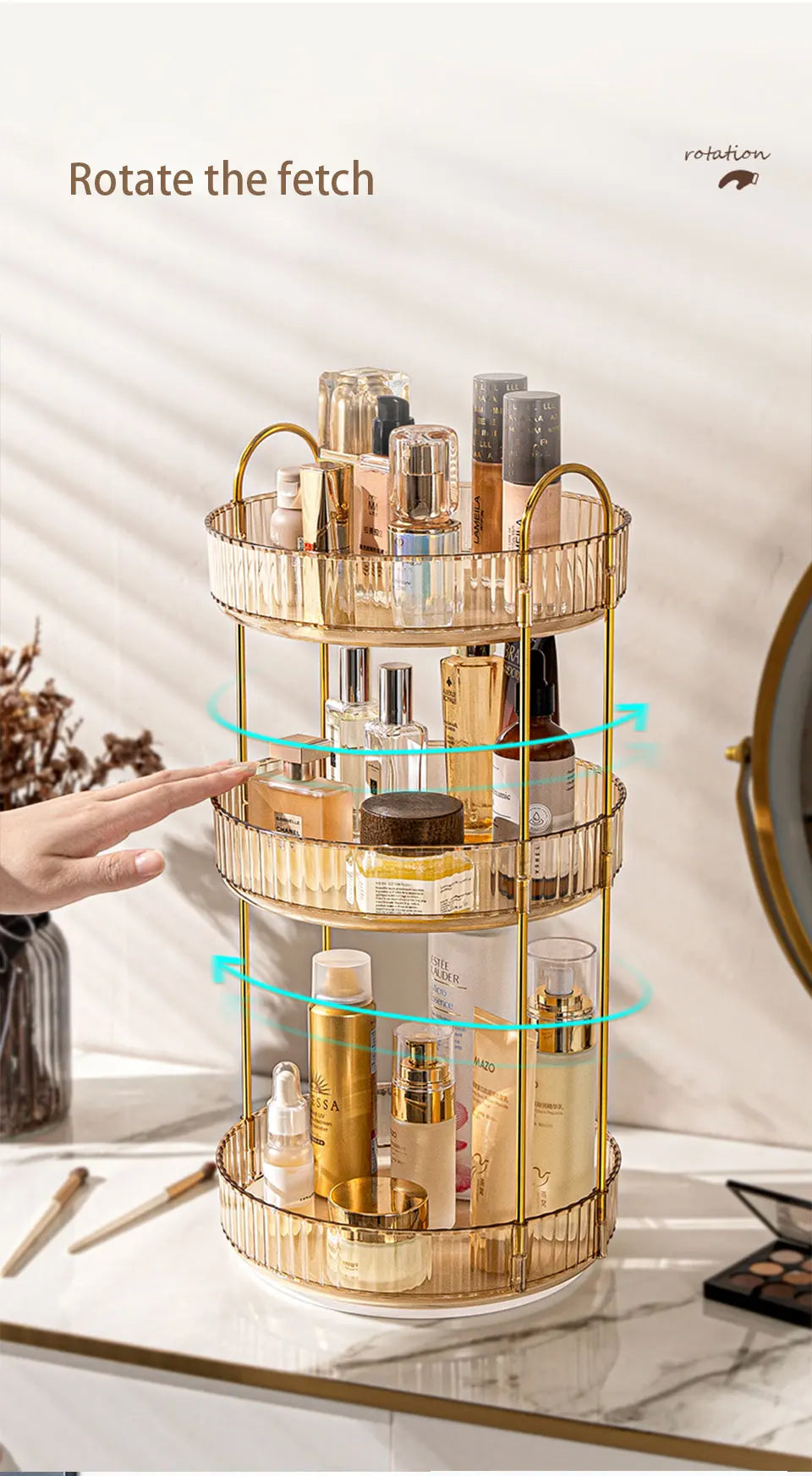 Rotating Makeup Organizer for Vanity 3 Tier Skincare Organizers Large Storage Bathroom Countertop Clear Cosmetic Holder Dresser