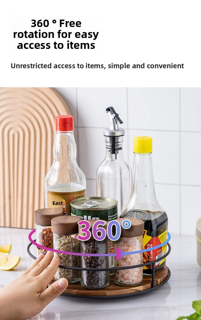 Wooden Rotating Lazy Susan Tray - Steel Base Organizer for Spice Jars, Cosmetics and Desktop Storage with Smooth Spin