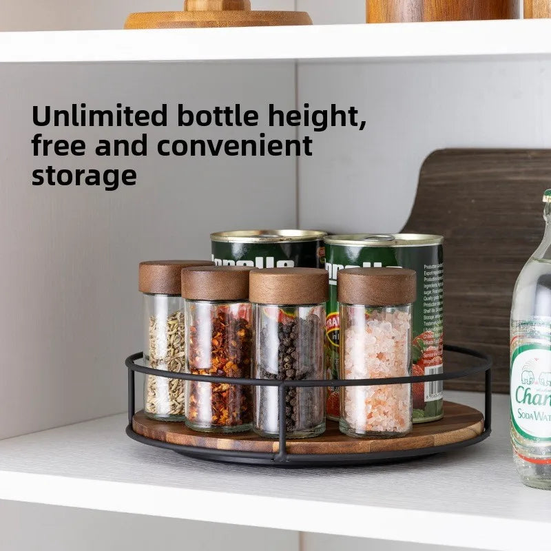 Wooden Rotating Lazy Susan Tray - Steel Base Organizer for Spice Jars, Cosmetics and Desktop Storage with Smooth Spin