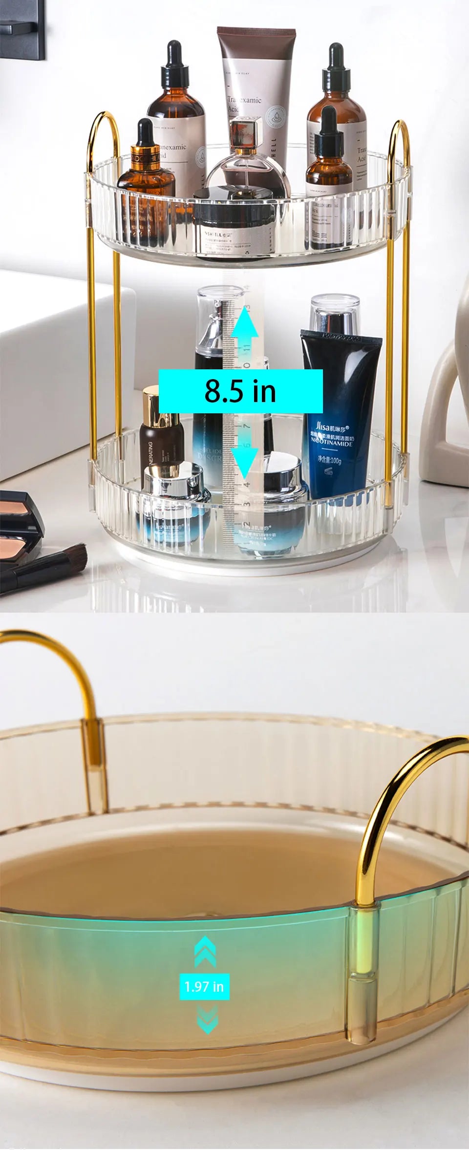 Rotating Makeup Organizer for Vanity 3 Tier Skincare Organizers Large Storage Bathroom Countertop Clear Cosmetic Holder Dresser