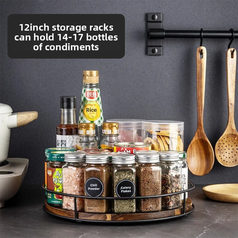 Wooden Rotating Lazy Susan Tray - Steel Base Organizer for Spice Jars, Cosmetics and Desktop Storage with Smooth Spin
