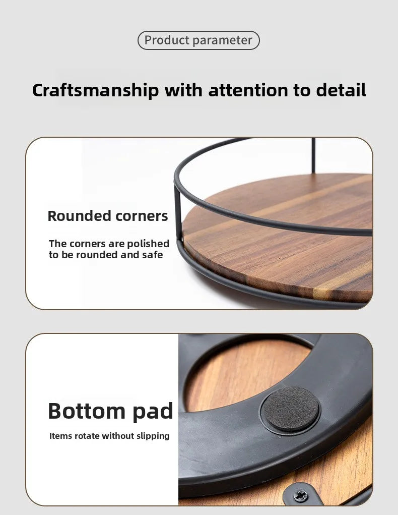 Wooden Rotating Lazy Susan Tray - Steel Base Organizer for Spice Jars, Cosmetics and Desktop Storage with Smooth Spin