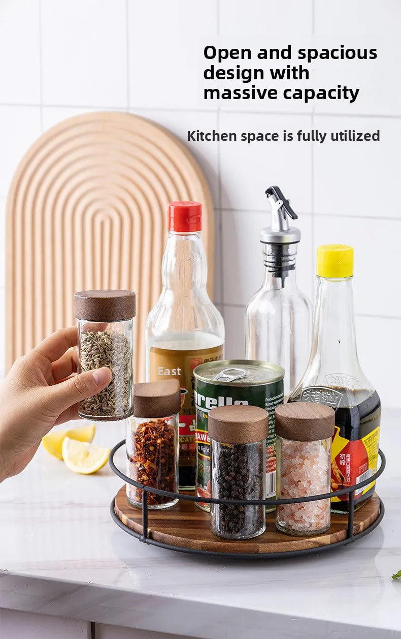 Wooden Rotating Lazy Susan Tray - Steel Base Organizer for Spice Jars, Cosmetics and Desktop Storage with Smooth Spin