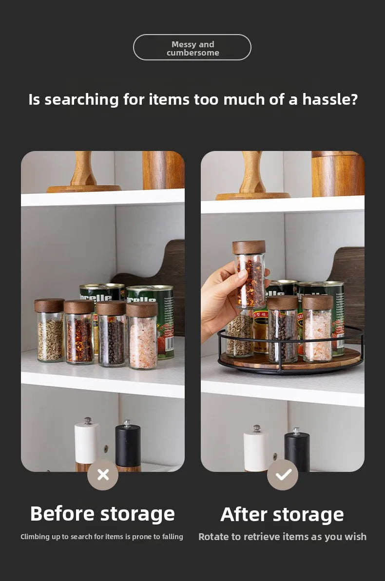 Wooden Rotating Lazy Susan Tray - Steel Base Organizer for Spice Jars, Cosmetics and Desktop Storage with Smooth Spin