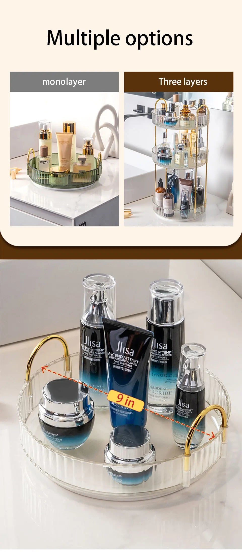 Rotating Makeup Organizer for Vanity 3 Tier Skincare Organizers Large Storage Bathroom Countertop Clear Cosmetic Holder Dresser
