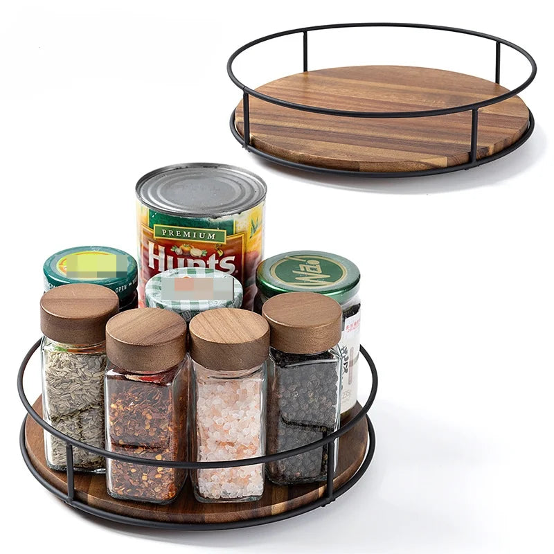 Wooden Rotating Lazy Susan Tray - Steel Base Organizer for Spice Jars, Cosmetics and Desktop Storage with Smooth Spin